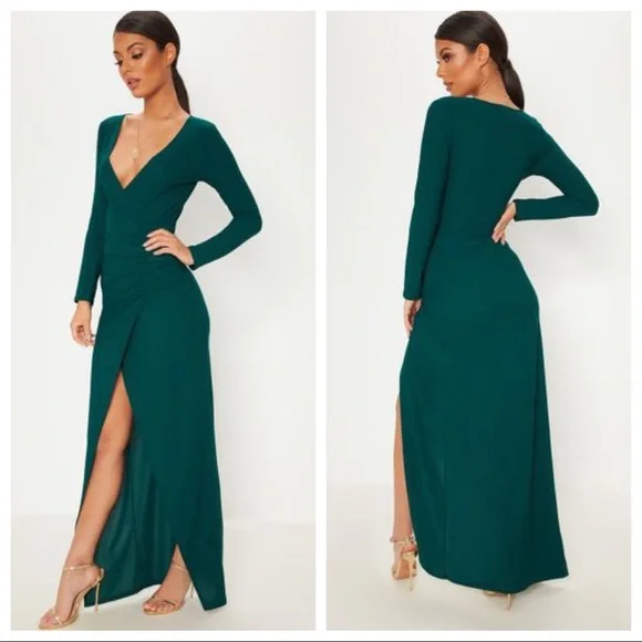 PrettyLittleThing Emerald Green Long Sleeve Dress